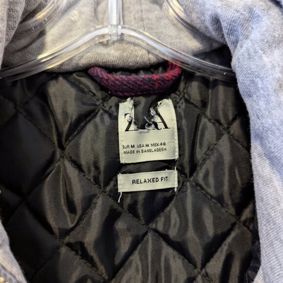 💫HOST PICK💫 Plaid Zara Jacket Hoodie Layered Red Navy Zip Up Size M Men's - Picture 2 of 9